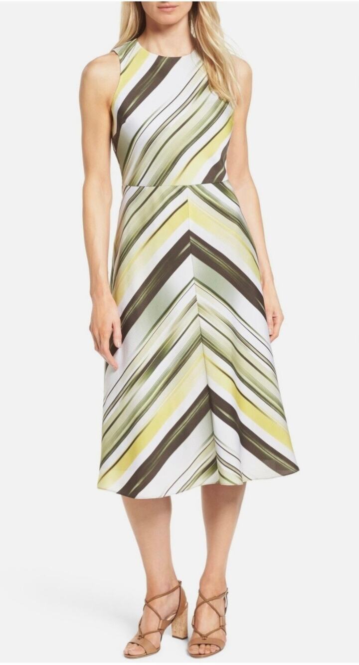 Classique Entier Green Ikat Stripe A-Line Dress 6 NWT